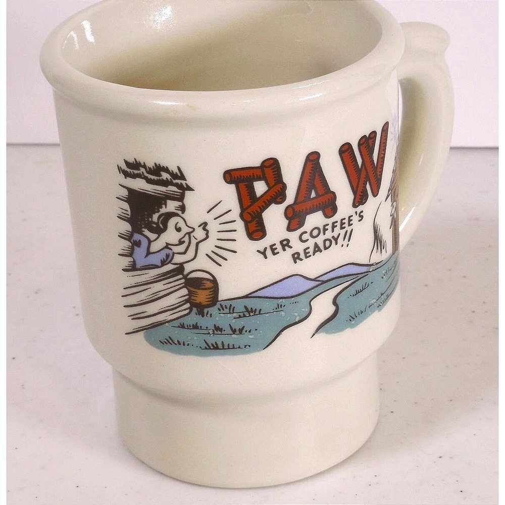 Vintage Paw Yer Coffee's Ready Hillbilly Outhouse Ceramic Pedestal Coffee Mug